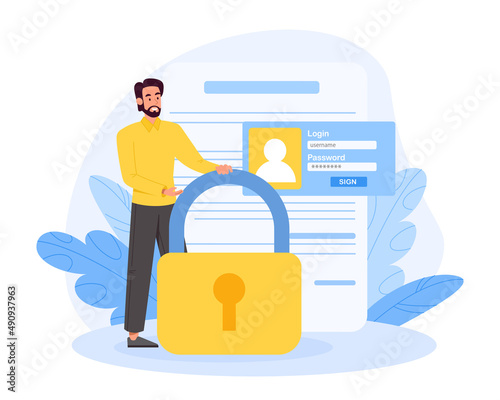 Person signing document. Young guy comes up with username and password to access document. Protection of personal data, authentication and authorization, secret. Cartoon flat vector illustration