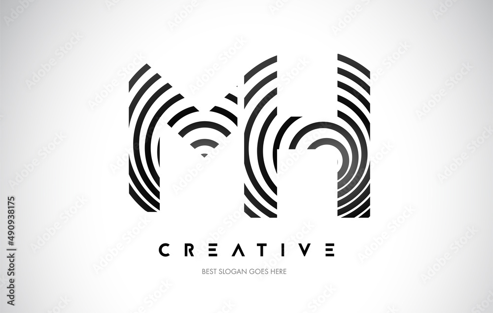 MH Lines Warp Logo Design. Letter Icon Made with Black Circular Lines.