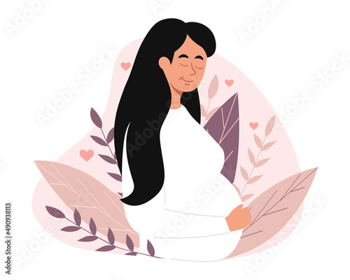 Pregnant woman concept. Girl holding on to her big belly, expectant mother. Model for fashion magazines, poster or banner. Graphic elements for site. Happy character. Cartoon flat vector illustration