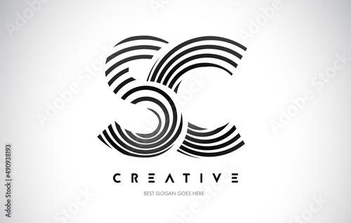SC Lines Warp Logo Design. Letter Icon Made with Black Circular Lines.