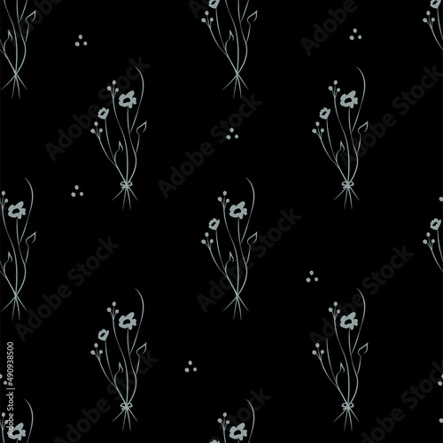 Vector gray green illustration. Floral seamless pattern. Bouquet of wild flowers. Hand drawn flower field. Simple flowers. Blooming heads of wild flowers. Outline drawing.