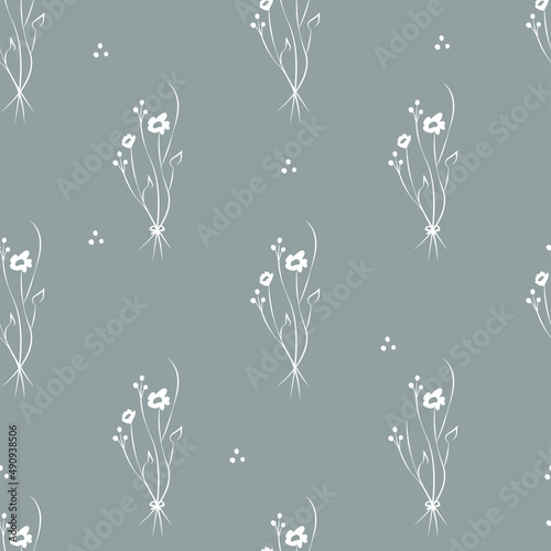 Vector gray green illustration. Floral seamless pattern. Bouquet of wild flowers. Hand drawn flower field. Simple flowers. Blooming heads of wild flowers. Outline drawing.
