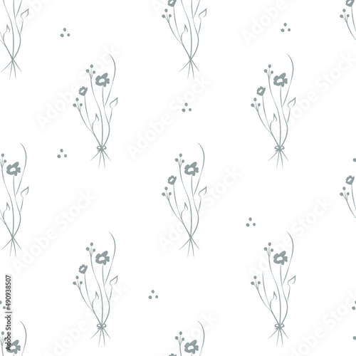 Vector gray green illustration. Floral seamless pattern. Bouquet of wild flowers. Hand drawn flower field. Simple flowers. Blooming heads of wild flowers. Outline drawing.