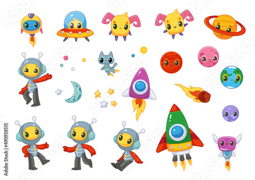 Set of cute cartoon aliens, space rockets, planets, mars, earth, pluto, ufo, alien in space suits, moon. Vector illustration of a character in cartoon style. Isolated funny clipart. Astronauts.