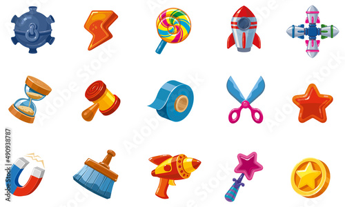 Booster Icons. Asset for computer Mobile Game. Bright vector symbols. Elements of the Game Interface   