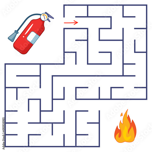 A cute fire extinguisher is about to put out the fire and is looking for a way out of the maze. Find way out of the labyrinth. Educational game for children