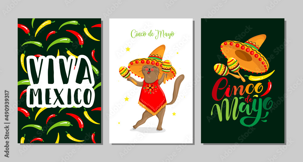Fototapeta premium Cinco de Mayo logo design with lettering, and Mexican cat character wearing sombrero. Vector illustration EPS10