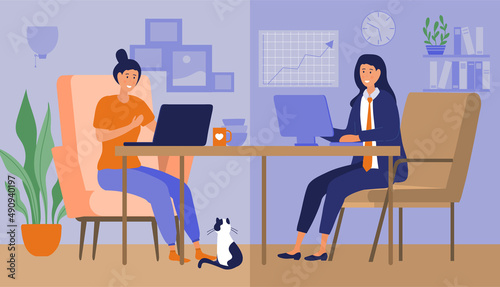 Hybrid work place. Freelancer versus office worker, remote worker and modern technology. Manager and housewife, girl indoor. Comfortable workplace, home or office. Cartoon flat vector illustration photo