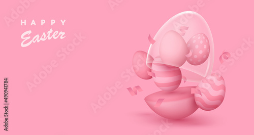 Banner with realistic pink open matte egg with glass dome, five mini eggs, serpentine. Happy Easter poster. Vector illustration for card, party, design, flyer, banner, web, advertising.