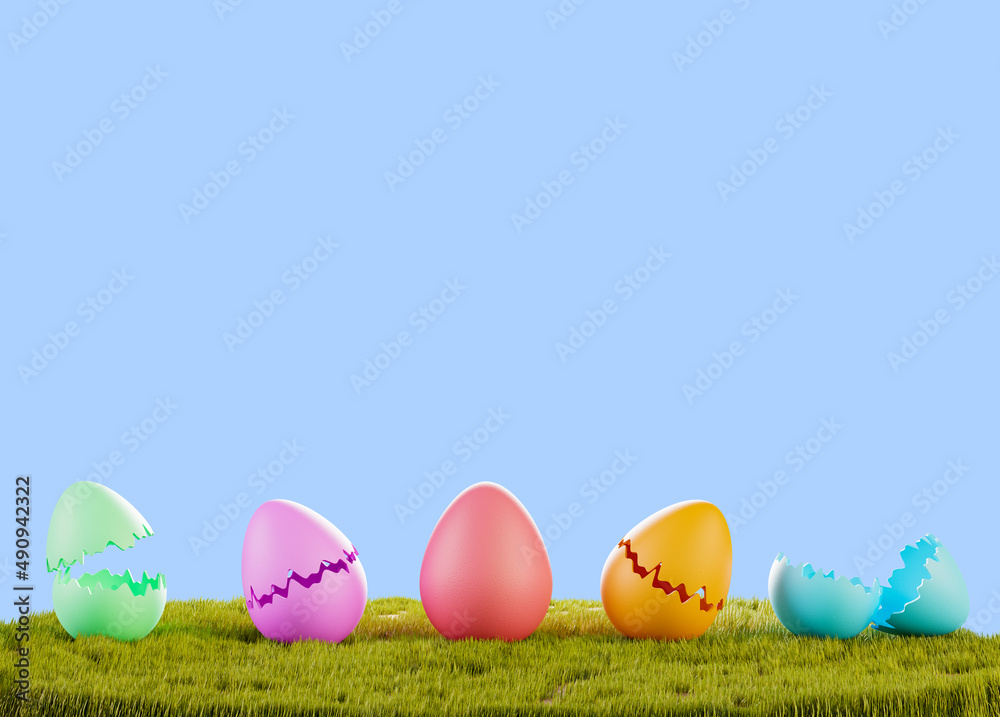 Colorful eggs in the grass. Grass field and Easter eggs, isolated on a blue background. Happy Easter, banner. Design element, 3d render.