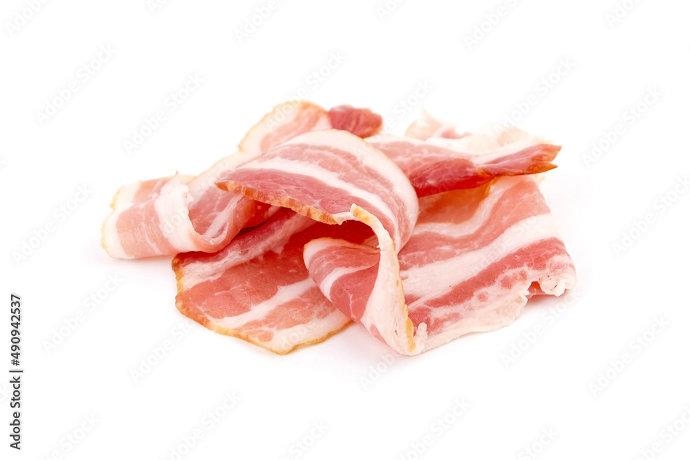 Bacon strips, raw smoked pork meat slices isolated on white