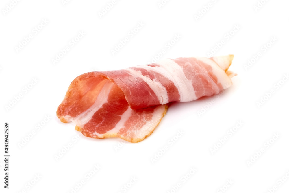 Bacon roll, raw smoked pork meat isolated on white background Bacon roll, raw smoked pork meat isolated on white background