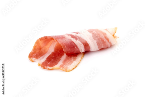 Bacon roll, raw smoked pork meat isolated on white background
