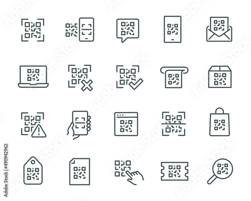 QR Code Icons Set. Scanning, Phone Scan, Box, Website, Document with QR Code anf other. 