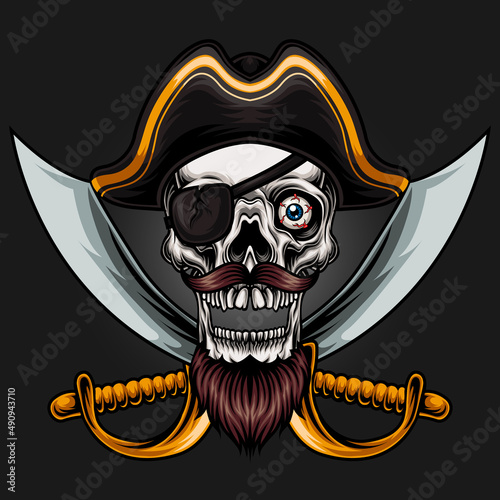pirate skull head with crossed swords vector illustration