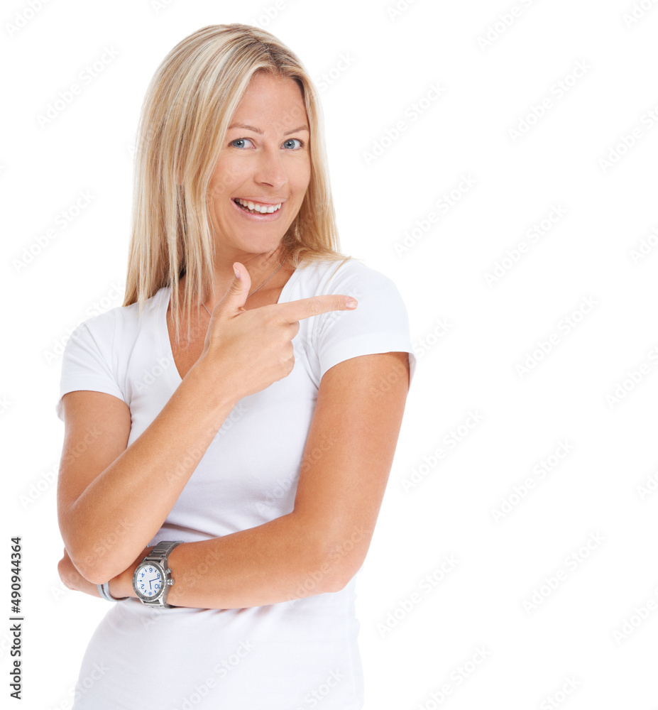 Fabulous offer right this way. Studio shot of an attractive woman pointing towards copyspace against a white backgroundon white. Fabulous offer right this way. Studio shot of an attractive woman pointing towards copyspace against a white backgroundon white.