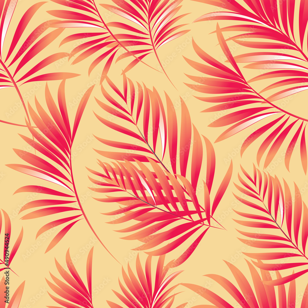 Palm. Seamless pattern of branches and leaves of tropical plants and trees. Vector image. 