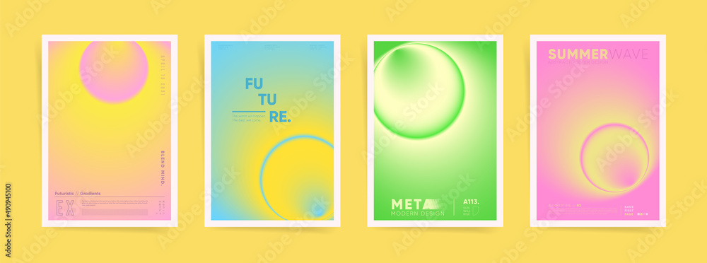 Gradient space neon poster cover template design set for placard, event banner or business brochure. Blurry circular gradient vibrant dynamic post. Vector aesthetic springtime kit.