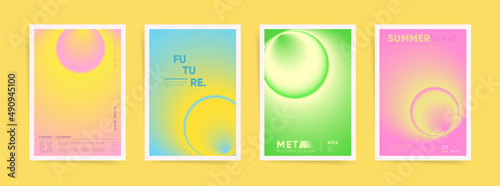 Gradient space neon poster cover template design set for placard, event banner or business brochure. Blurry circular gradient vibrant dynamic post. Vector aesthetic springtime kit.