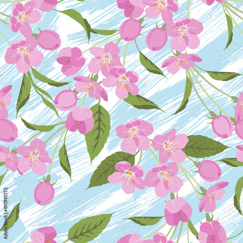 Seamless pattern with apple tree flowers.