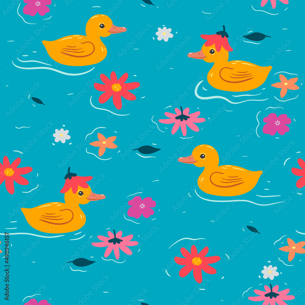 Seamless pattern with cute ducklings and flowers. Vector graphics.