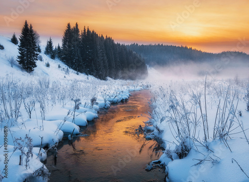 Landscape river winter seasonal view water snow forest
