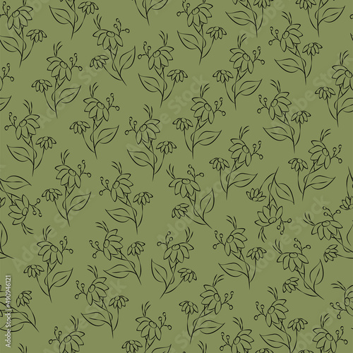 Vector green illustration. Floral seamless pattern. Bouquet of wild flowers. Hand drawn flower field. Simple flowers. Flowering heads of field chamomile. Outline drawing.
