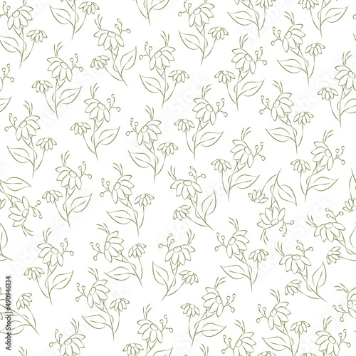 Vector green illustration. Floral seamless pattern. Bouquet of wild flowers. Hand drawn flower field. Simple flowers. Flowering heads of field chamomile. Outline drawing.