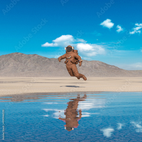 astronaut is drifting over with reflection on water in the desert of another planet after rain