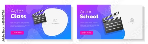 Movie actor school online banner template set, film celebrity course advertisement, horizontal ad, cinematic film business campaign webpage, flyer, creative brochure, isolated on background