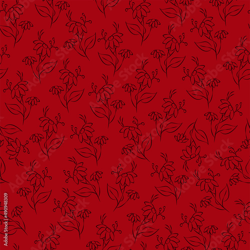 Vector red illustration. Floral seamless pattern. Bouquet of wild flowers. Hand drawn flower field. Simple flowers. Flowering heads of field chamomile. Outline drawing.