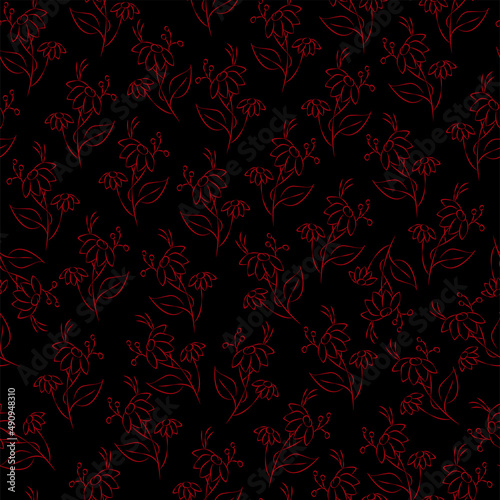 Vector red illustration. Floral seamless pattern. Bouquet of wild flowers. Hand drawn flower field. Simple flowers. Flowering heads of field chamomile. Outline drawing.