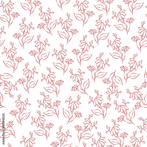 Vector red illustration. Floral seamless pattern. Bouquet of wild flowers. Hand drawn flower field. Simple flowers. Flowering heads of field chamomile. Outline drawing.