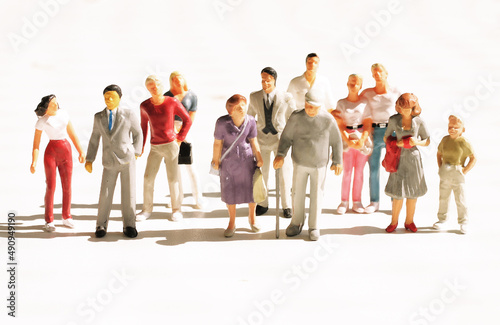 Group of mixed people, old and young, standing in a line or queue symbolized by small figurines