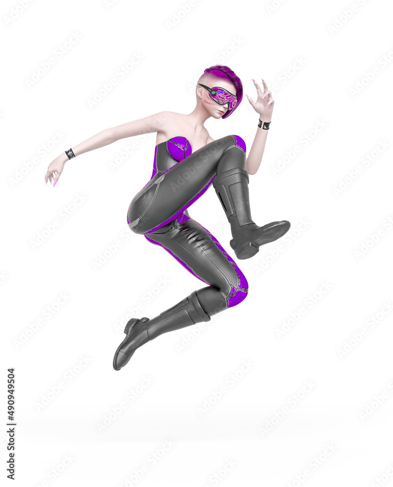 cyber punk girl on futuristic suit is jumping in a comic action pose cyber punk girl on futuristic suit is jumping in a comic action pose