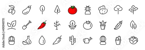 A set of Rosteniya Icons, and garden care, Vector illustration, Contains Icons such as tree, cactus, watering can, spade, flower and much more. on a white background, editable bar 480x480
