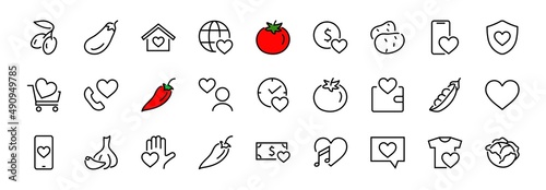 The set of icons about love contains such icons as love of music, declaration of love, heart, favorite home, Linear set. Vector on a white background. Editable stroke. 480x480