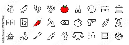 Court, Law and Justice Icon Set contains such icons as Law, Police, Prison, Handcuffs, Pistol, Editable stroke. Modern subtle symbols