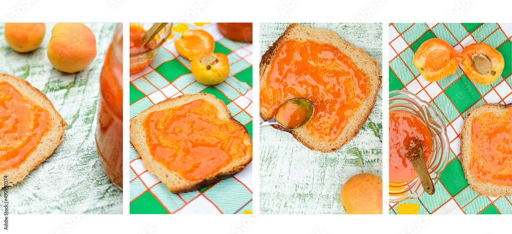 Apricot jam. Breakfast collage. Jam and bread