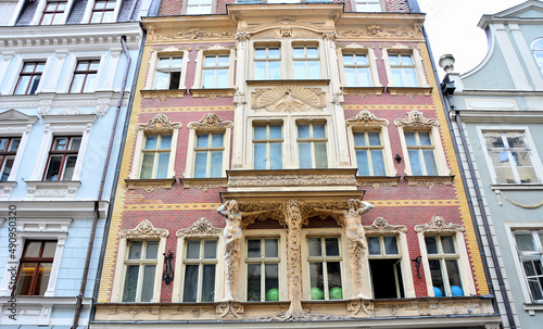 Riga, Latvia - Caryatide and Atlas House at Smilsu Street, Art Nouveau architecture in Riga