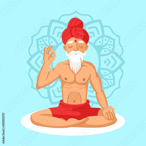 Old bearded grey-haired yogi sitting in lotus pose meditating doing breathing yoga exercise technique. Spiritual balance guru. Indian man isolated on white background. Relaxation, meditation, zen
