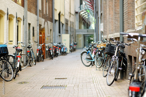 Many bicycles parked on the street of Amsterdam, Netherlands.