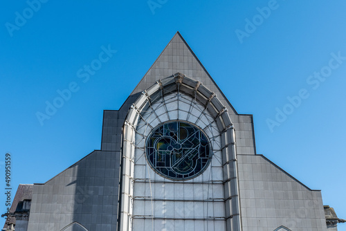 Lille, France, February 28, 2022. The Notre Dame de la Treille cathedral in Lille. In neo-Gothic style, it is located in the Old Lille district, on the site of the old castle motte.