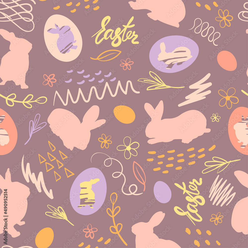 Easter bunny, chicken eggs and doodle with the inscription Easter. Festive seamless pattern. Vector Easter bunny, chicken eggs and doodle with the inscription Easter. Festive seamless pattern. Vector