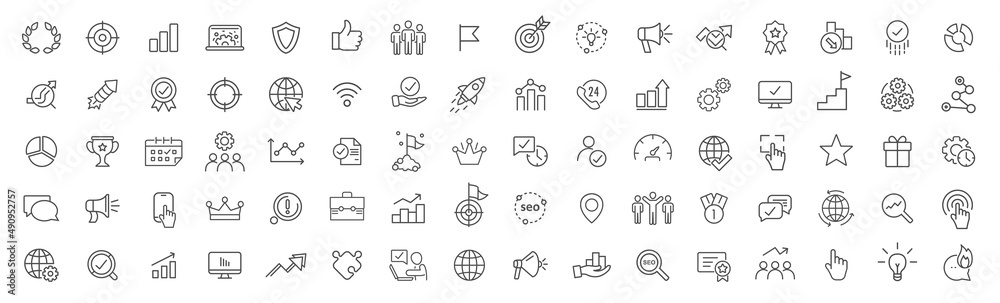 SEO and promotion line icons collection. Big UI icon set. Thin outline icons pack. Vector illustration eps10