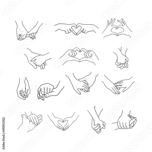 Vector set of holding hands, hands shaped heart, black isolated outlines on white background.