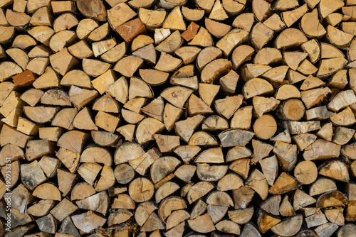 Close-up of Firewood cut and perfectly stacked