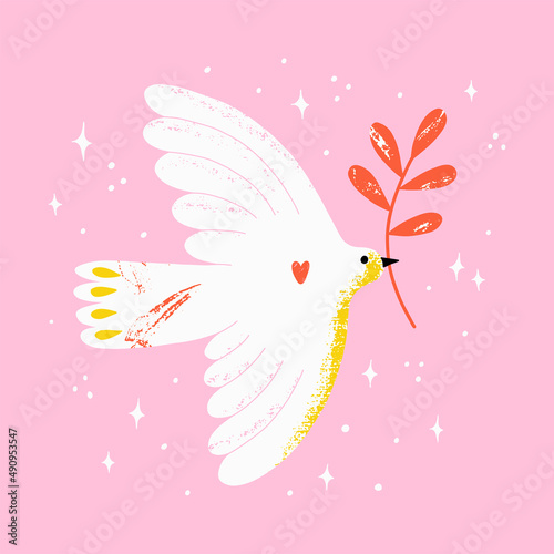 Concept for world peace day postcard with dove and branch. Poster with symbol, no war, world day of peace, equality and love. Hand drawn vector illustration.
