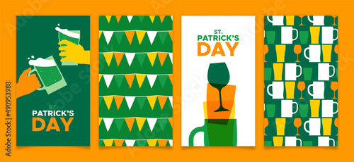 St. Patrick's Day banner illustration set of friends drinking green beer glass and seamless pattern.