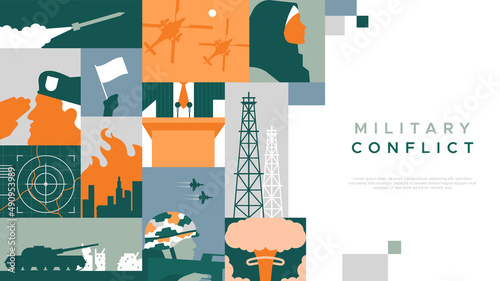 Military conflict flat cartoon mosaic web template illustration of army combat and international government crisis concepts. Includes middle east woman, attack helicopter, oil tower and missile bomb.